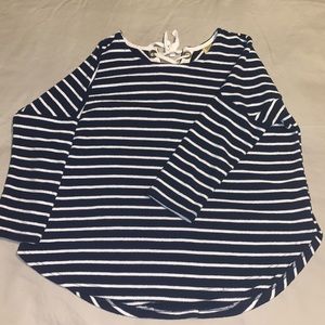 Navy/white striped w white lace up on back neck